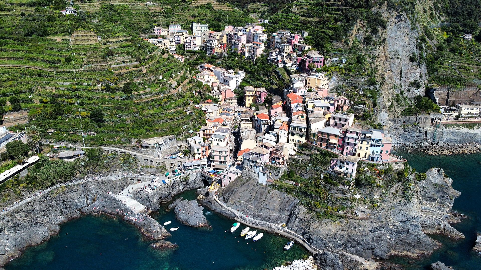 Manarola e il Porto — fotografia aerea con drone, Manarola